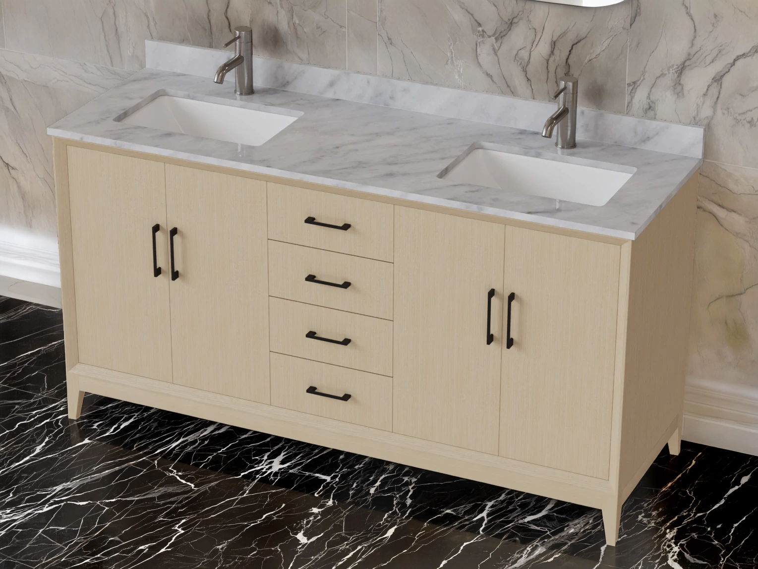 Minimalist double sink bathroom vanity with marble countertop for JANNA Wyndham Collection