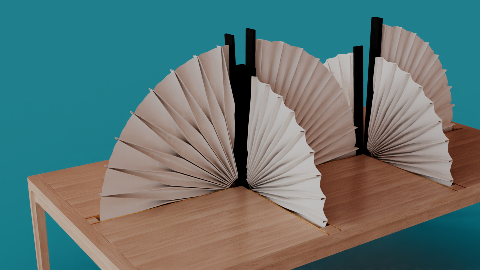 Sculptural fold installation displayed on wooden table against blue backdrop for Meekat Anti Social Desk