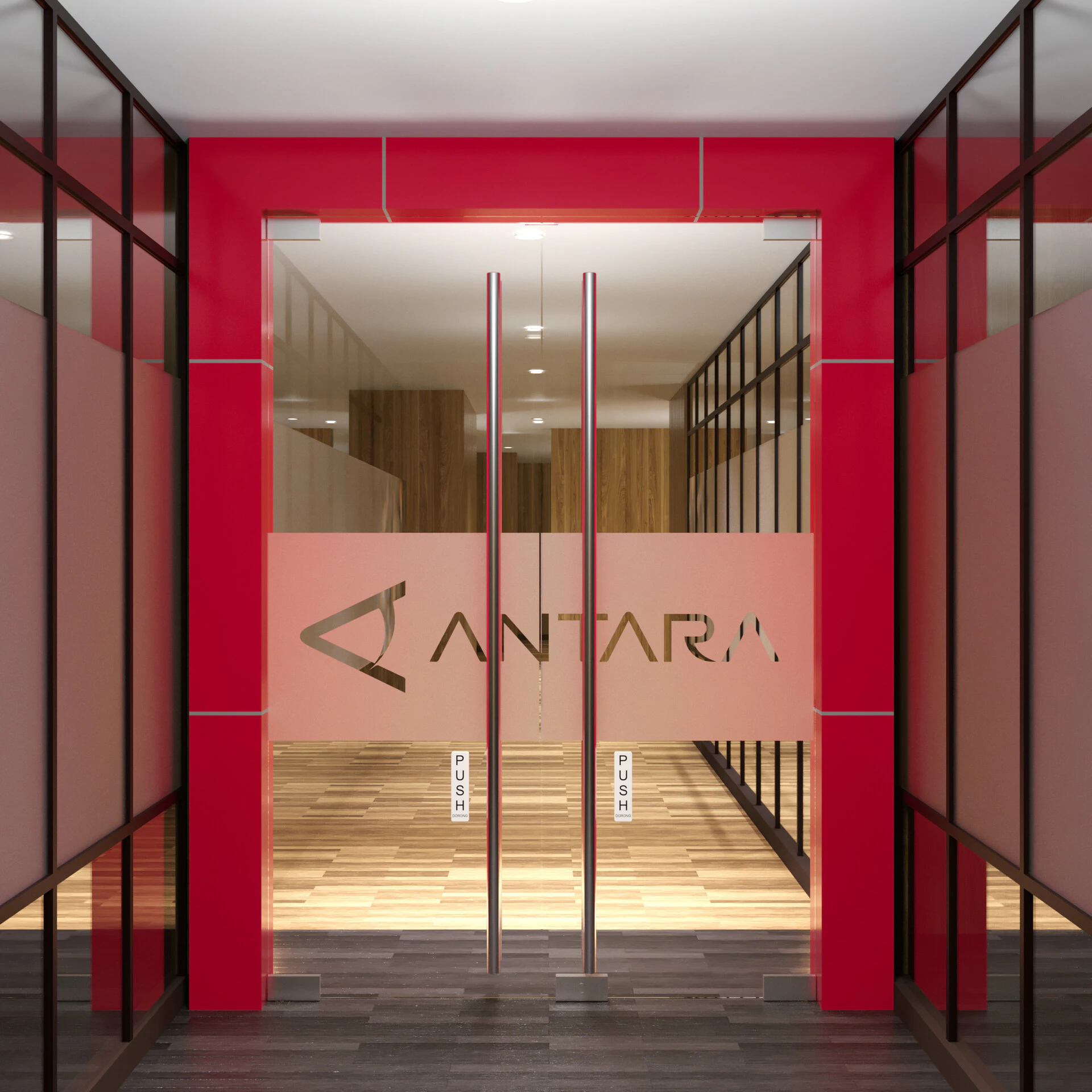 Modern office entrance design with red frame and glass facade for Antara